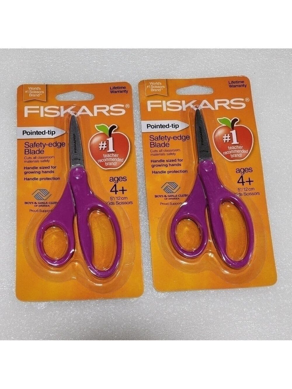 NEW lot of 2 Fiskars 5" Pointed tip Safety-edge Blade Scissors 4+ Purple